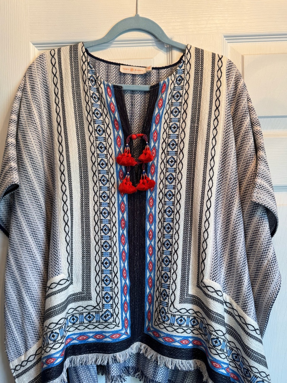 Tory Burch Striped Embroidered Poncho with Red Tassels
